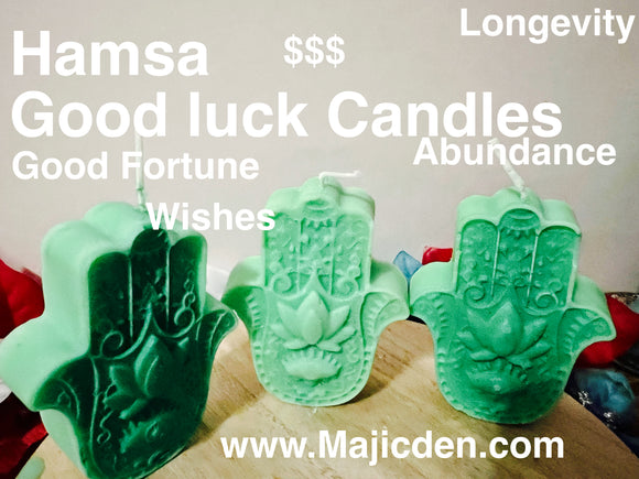 Hamsa Good Luck Candles- work luck/ business luck / good fortune/surplus of luck/ money windfalls / money drawing / financial Gains