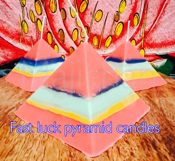 Fast luck pyramid candle-Abundance, surplus, luck,wealth, financial stability, work over dollar bills and carry wax wrapped inside to increase you longevity and money drawing $
